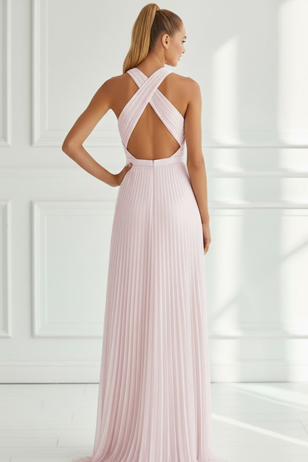 Light Pink Chiffon Pleated Criss Cross Neck Long Bridesmaid Dress