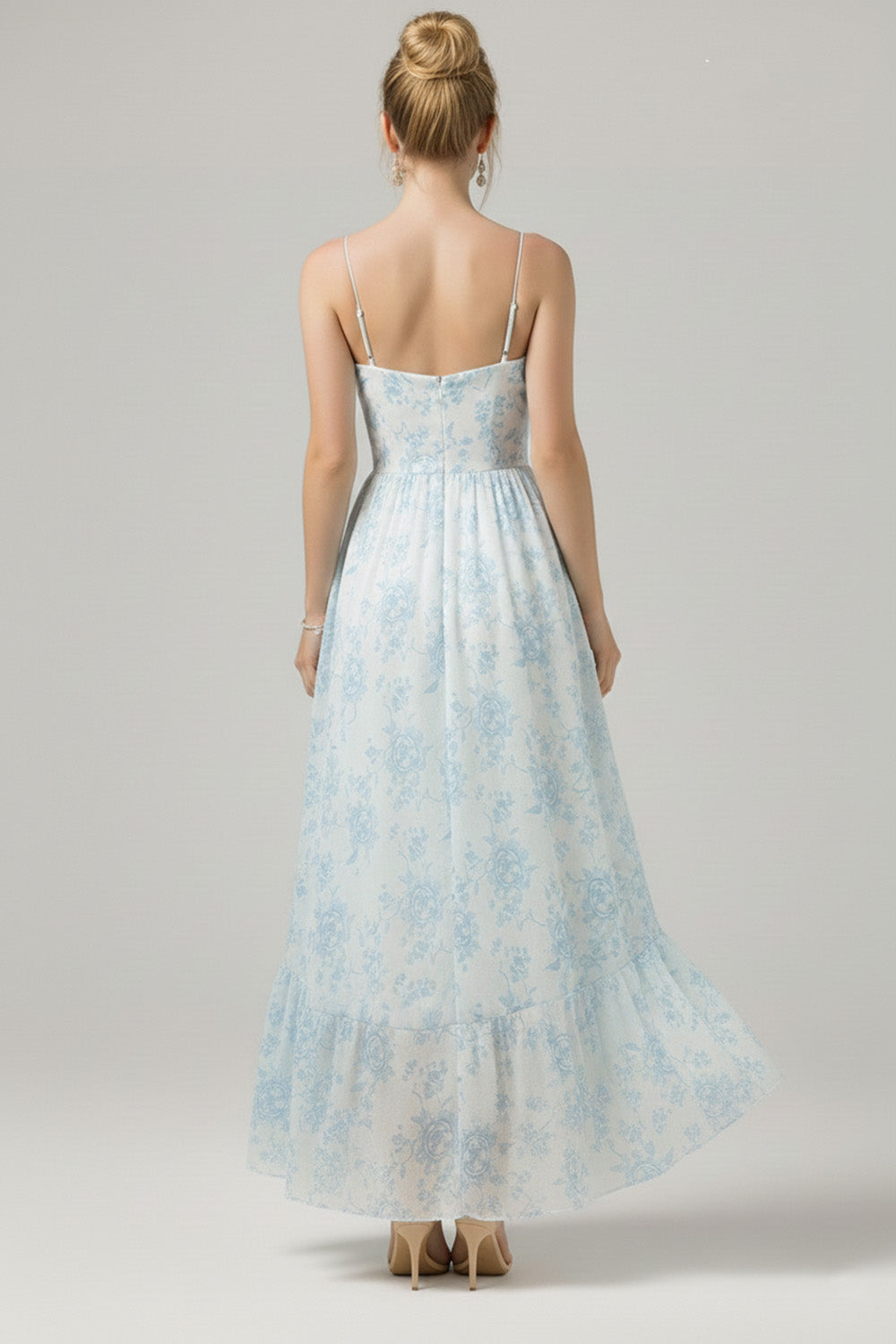 Floral Blue Asymmetrical Spaghetti Straps Bridesmaid Dress with Ruffles