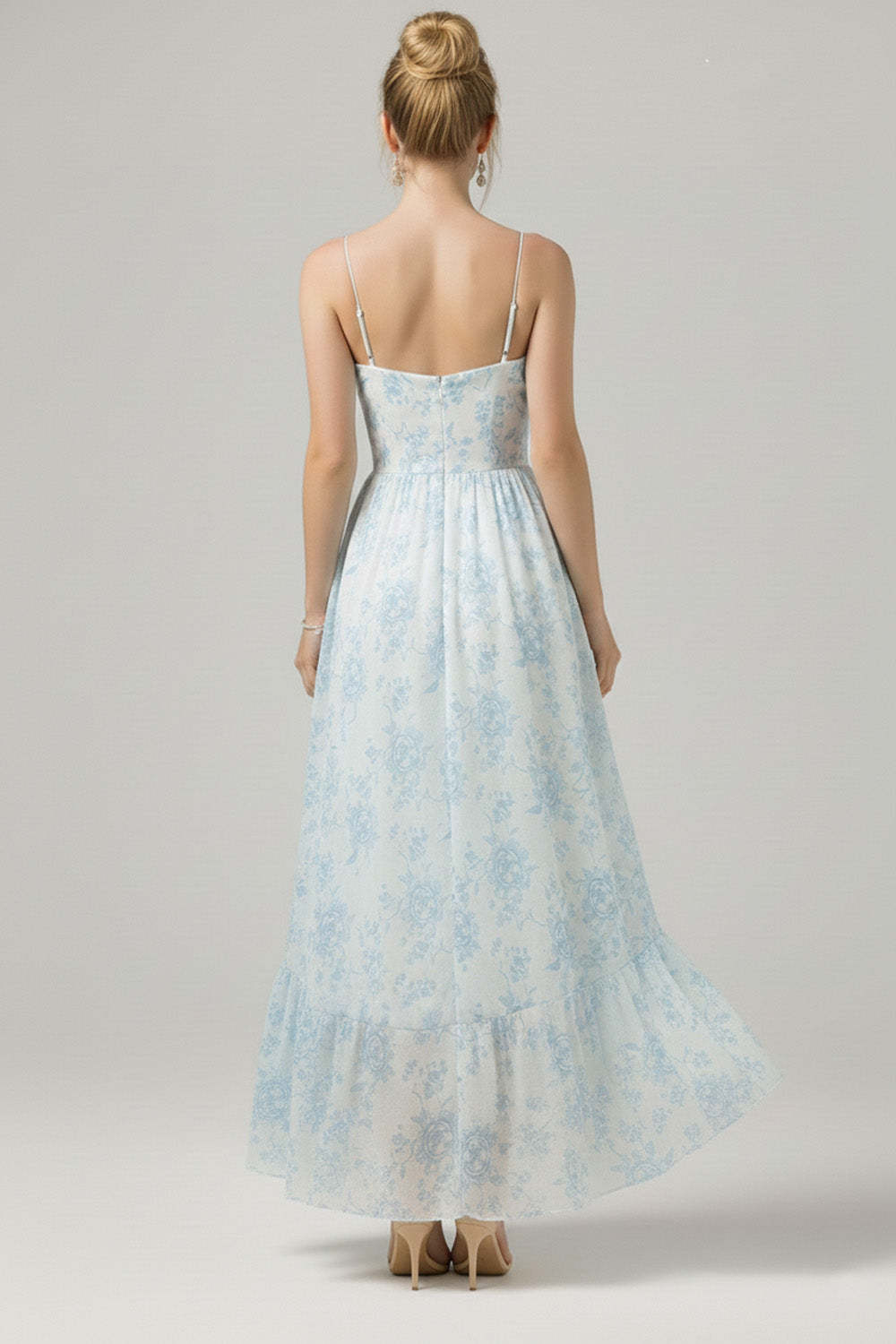 Floral Blue Asymmetrical Spaghetti Straps Bridesmaid Dress with Ruffles