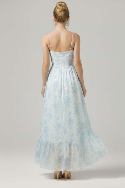 Floral Blue Asymmetrical Spaghetti Straps Bridesmaid Dress with Ruffles