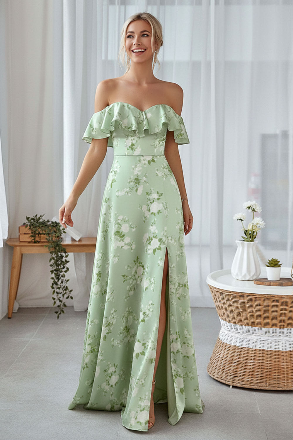 Floral Light Green Off the Shoulder Ruffled Long Bridesmaid Dress with Slit