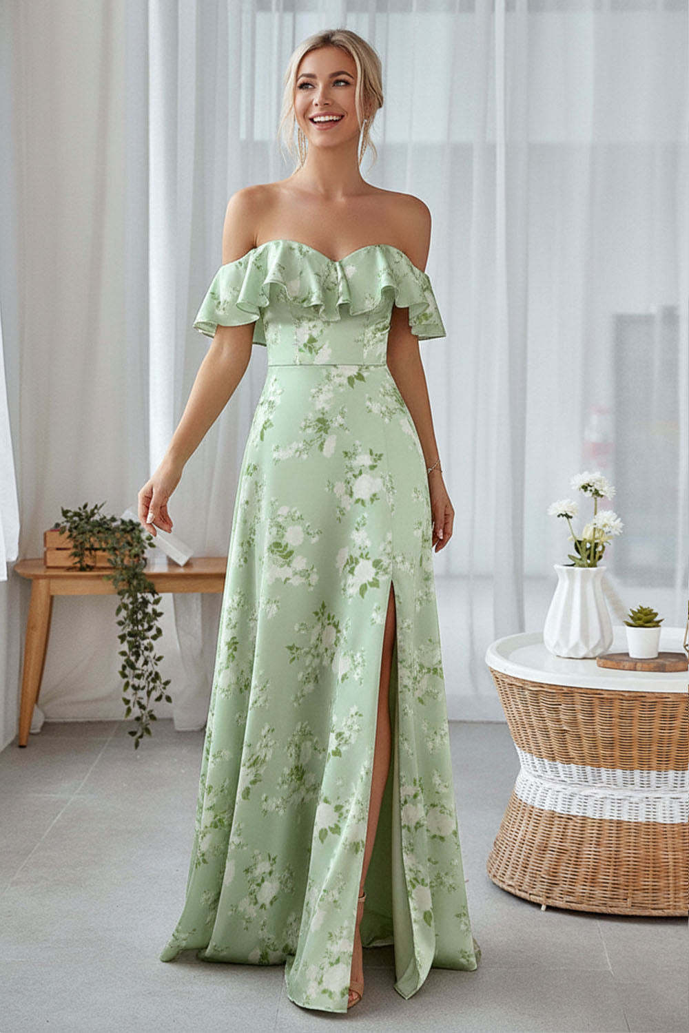 Leely Women Floral Light Green Long Bridesmaid Dress with Slit Satin Off the Shoulder Ruffled Wedding Guest Dress