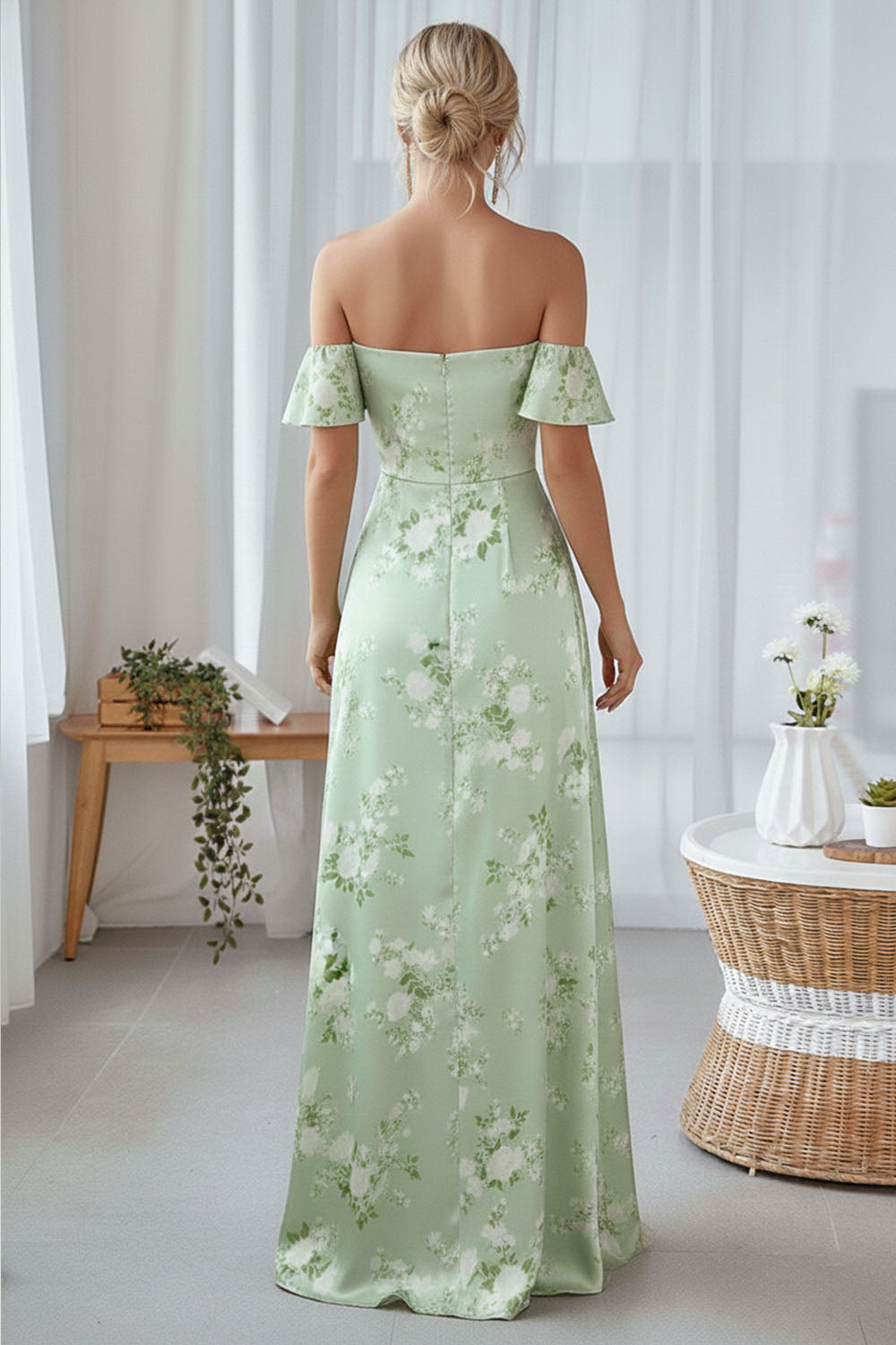 Floral Light Green Off the Shoulder Ruffled Long Bridesmaid Dress with Slit