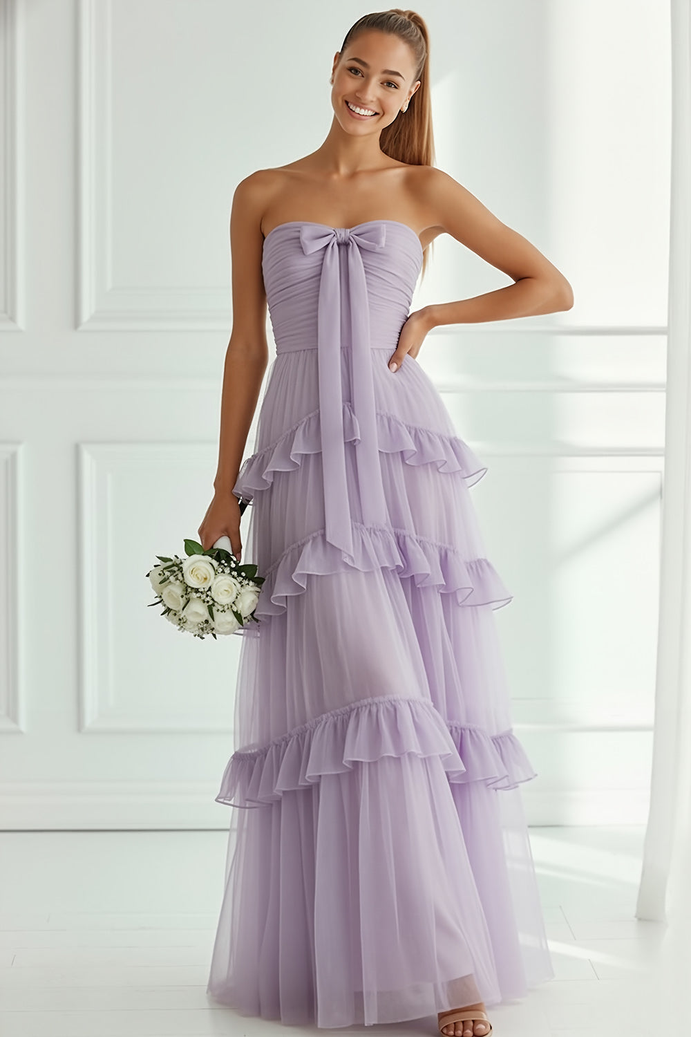 Leely Women Lilac Tulle Ruffled Long Bridesmaid Dress with Bow Tiered Backless A Line Wedding Guest Dress