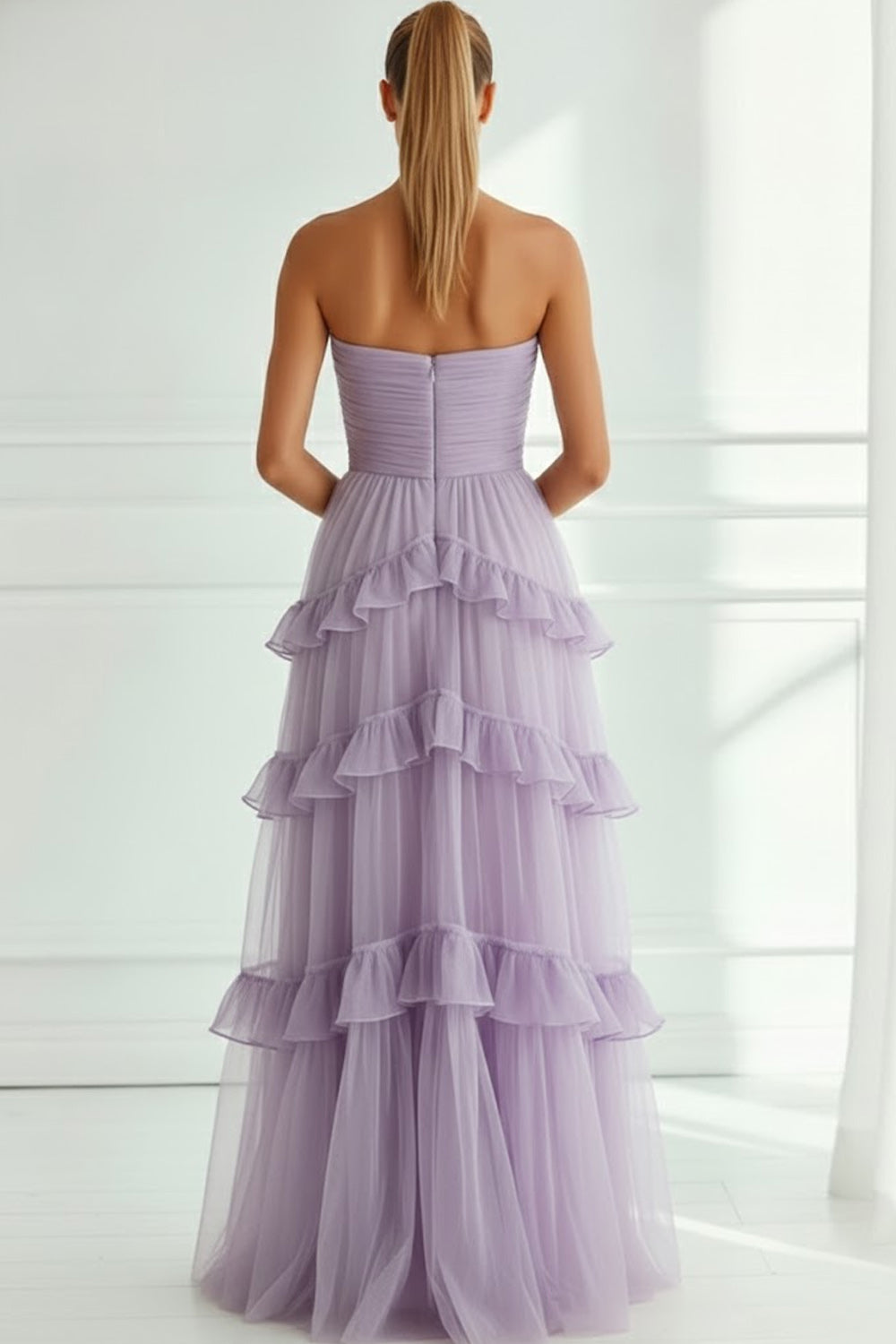 Lilac Tiered Tulle Ruffled Strapless Long Bridesmaid Dress with Bow