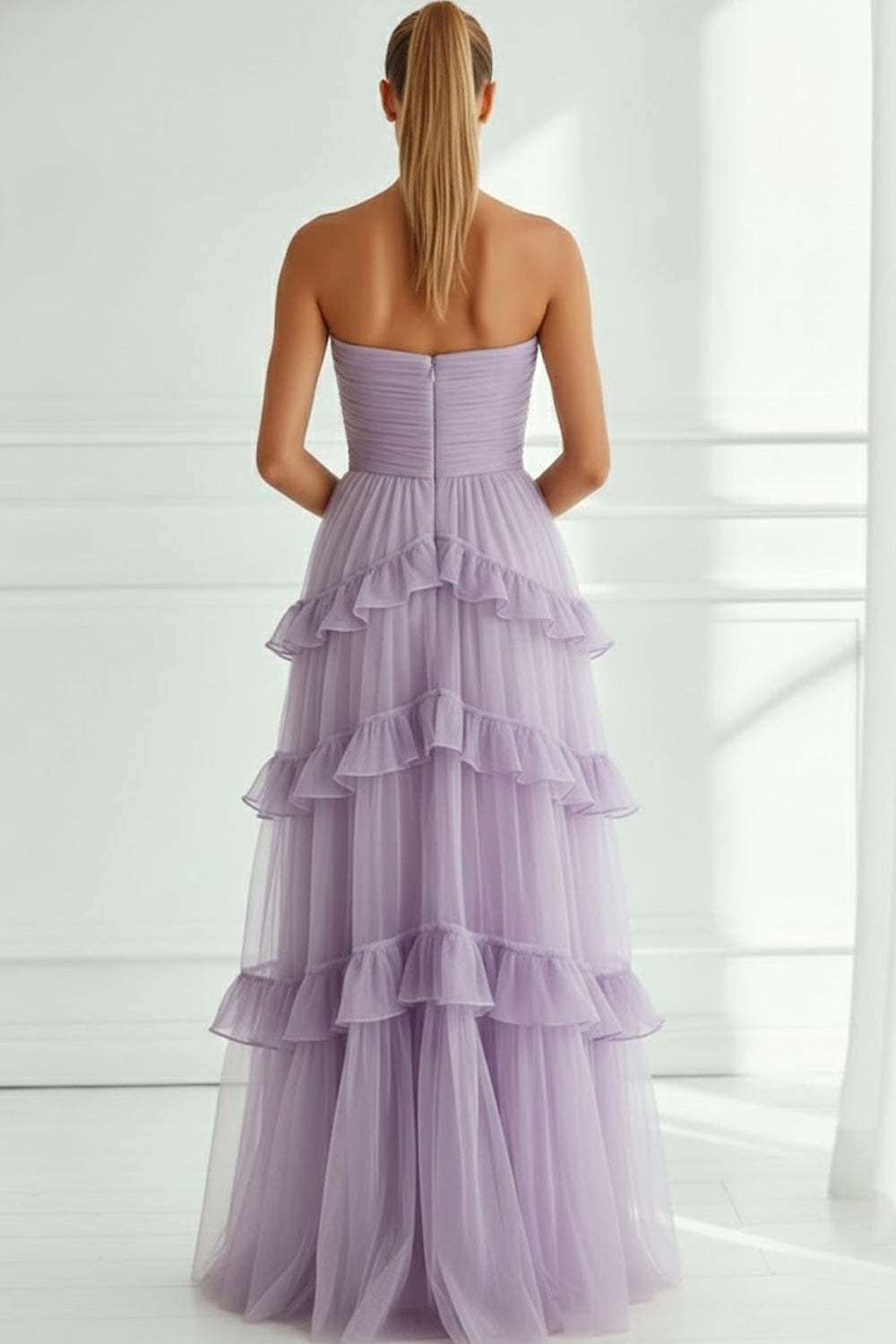 Lilac Tiered Tulle Ruffled Strapless Long Bridesmaid Dress with Bow