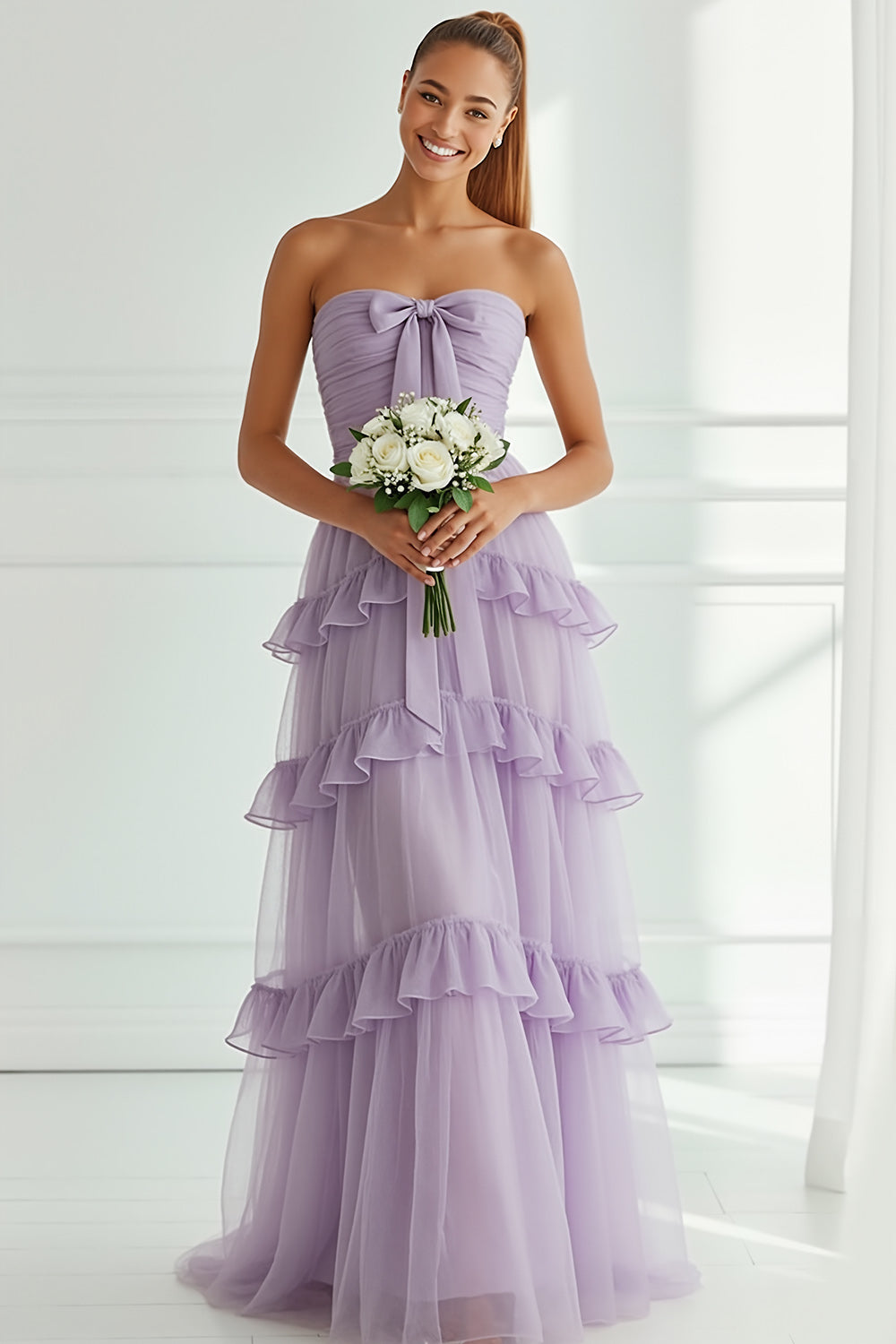 Lilac Tiered Tulle Ruffled Strapless Long Bridesmaid Dress with Bow