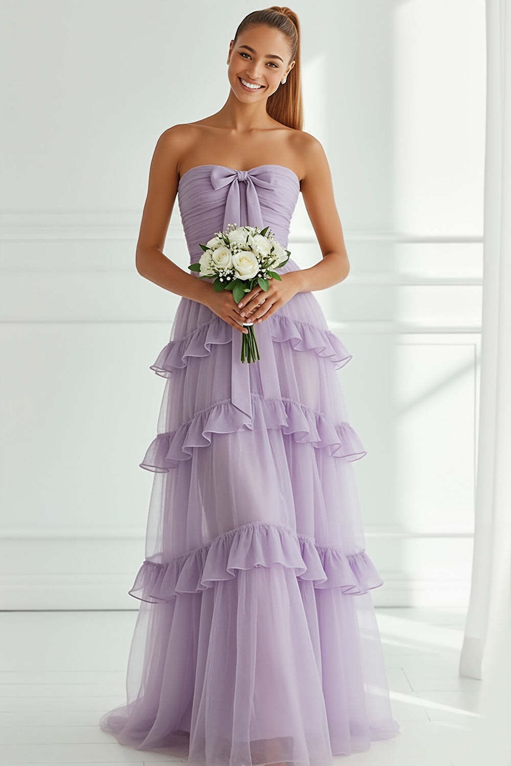 Lilac Tiered Tulle Ruffled Strapless Long Bridesmaid Dress with Bow