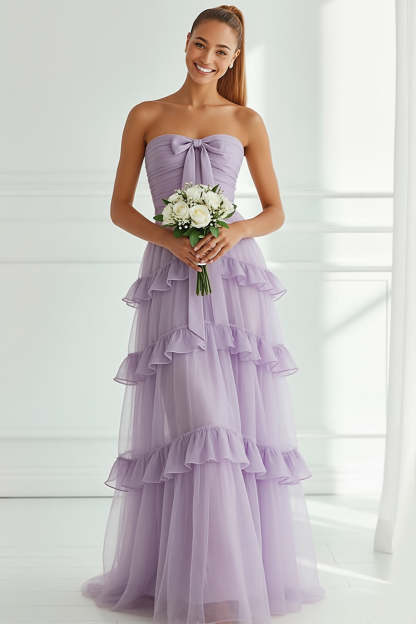 Lilac Tiered Tulle Ruffled Strapless Long Bridesmaid Dress with Bow