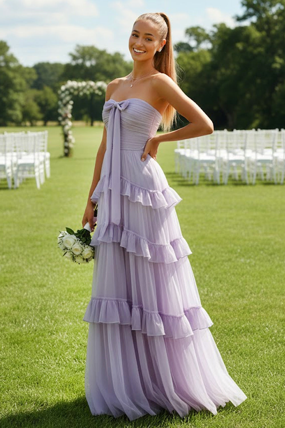 Lilac Tiered Tulle Ruffled Strapless Long Bridesmaid Dress with Bow