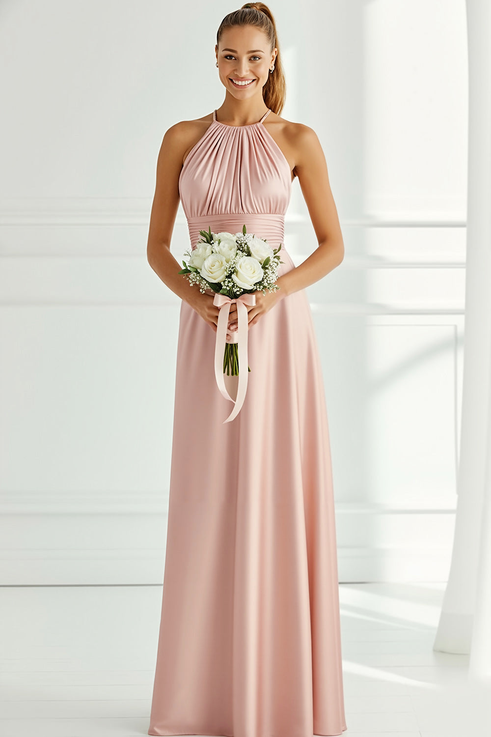 Light Pink Halter Neck Backless Satin Long Bridesmaid Dress