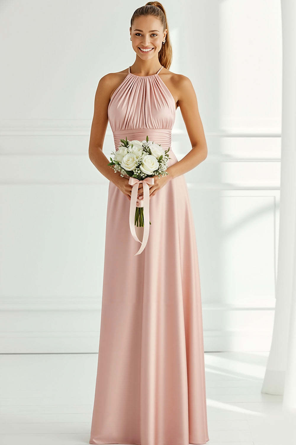 Leely Women Light Pink Satin Long Bridesmaid Dress Halter Neck Backless Wedding Guest Dress