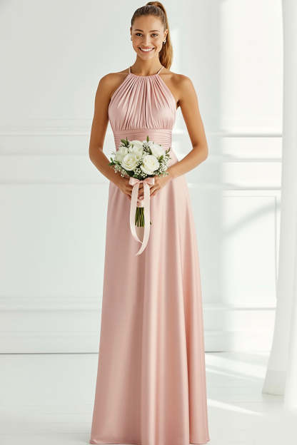 Leely Women Light Pink Satin Long Bridesmaid Dress Halter Neck Backless Wedding Guest Dress