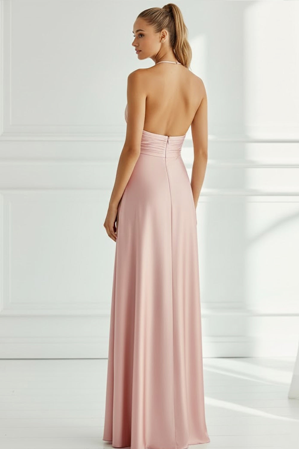 Light Pink Halter Neck Backless Satin Long Bridesmaid Dress