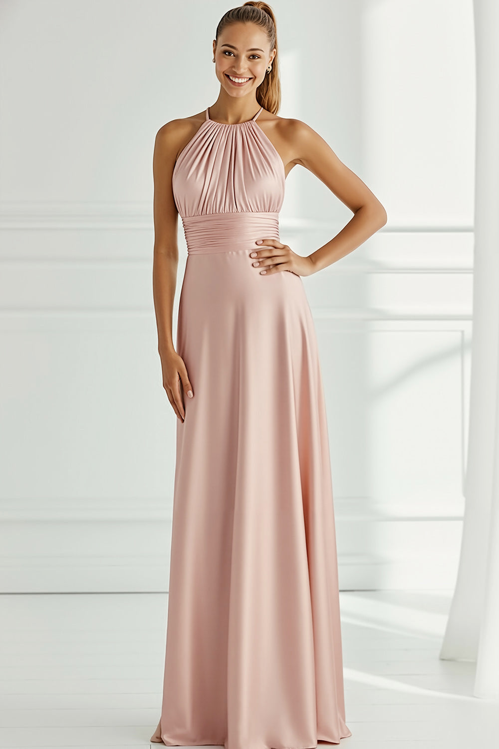 Light Pink Halter Neck Backless Satin Long Bridesmaid Dress