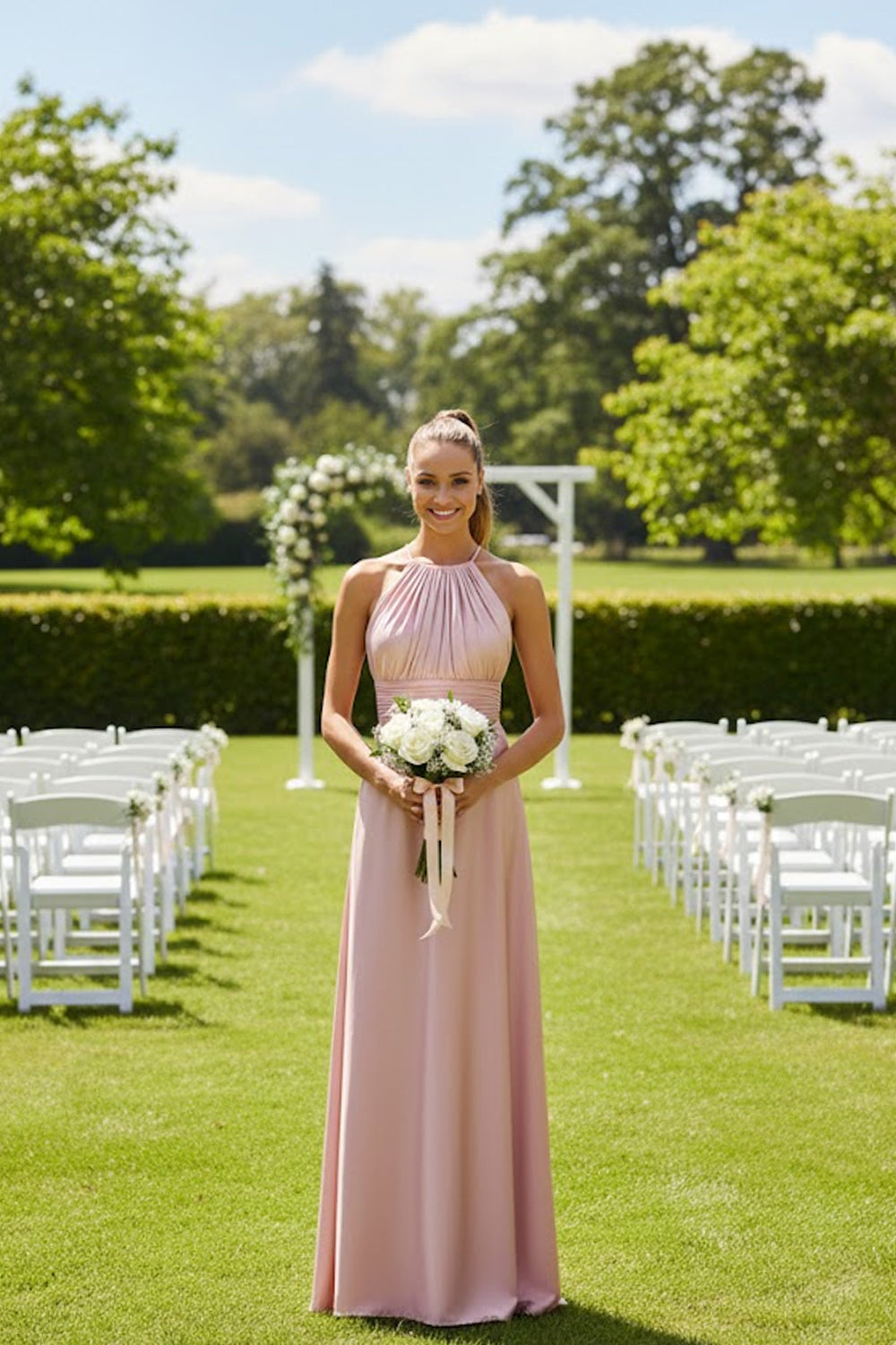 Light Pink Halter Neck Backless Satin Long Bridesmaid Dress