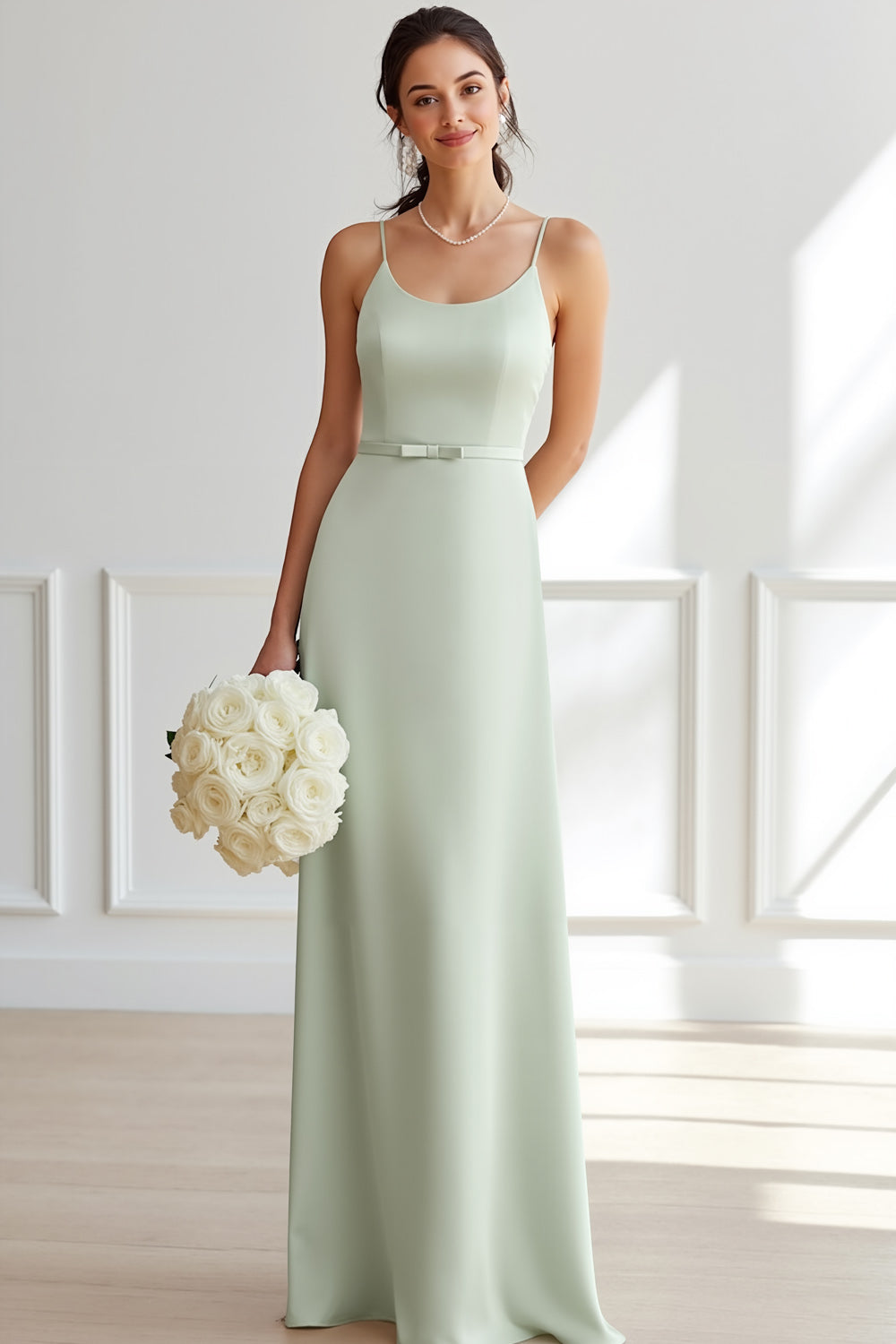 Dusty Sage Sheath Satin Long Bridesmaid Dress