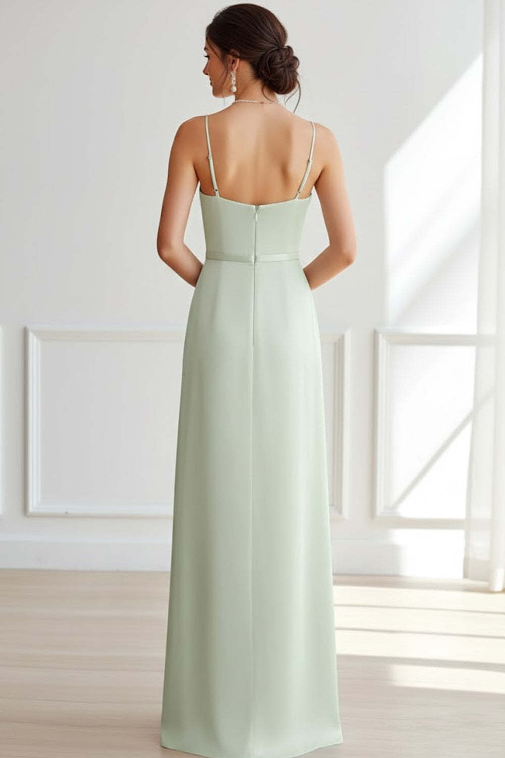 Dusty Sage Sheath Satin Long Bridesmaid Dress