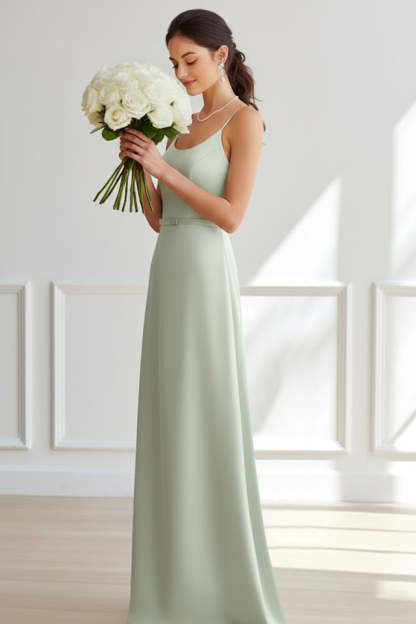 Dusty Sage Sheath Satin Long Bridesmaid Dress