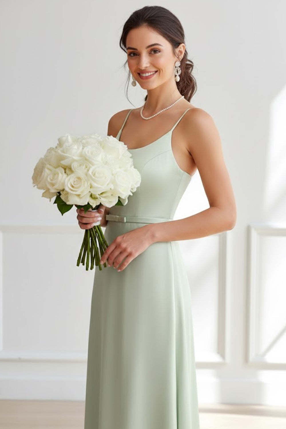 Dusty Sage Sheath Satin Long Bridesmaid Dress