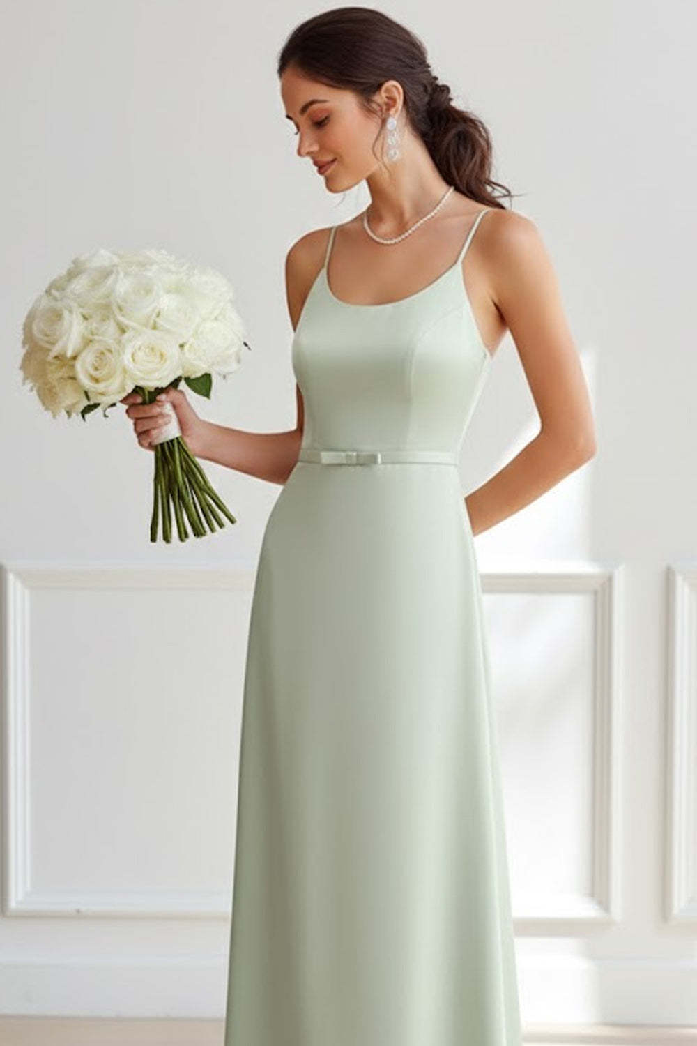 Dusty Sage Sheath Satin Long Bridesmaid Dress