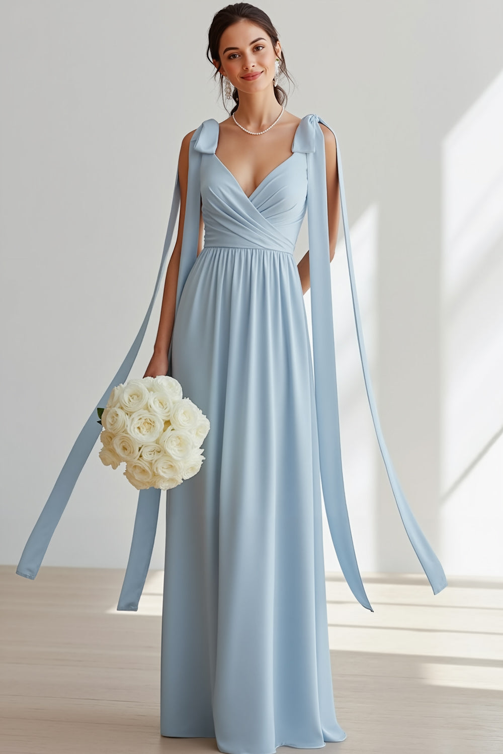 Light Blue Chiffon V-Neck Ruched Long Bridesmaid Dress with Bows