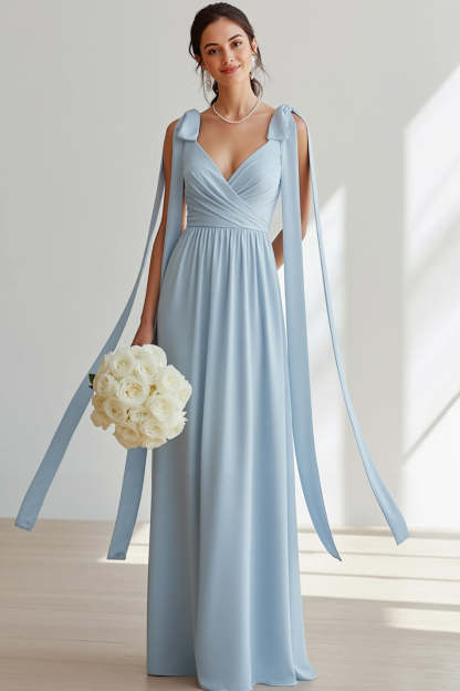 Leely Women Light Blue Sheath Long Bridesmaid Dress with Bows Chiffon V-Neck Ruched Backless Wedding Guest Dress
