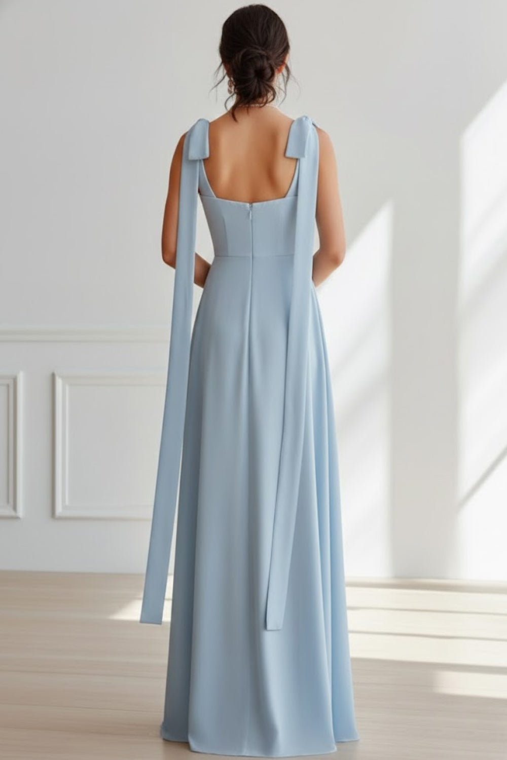 Light Blue Chiffon V-Neck Ruched Long Bridesmaid Dress with Bows