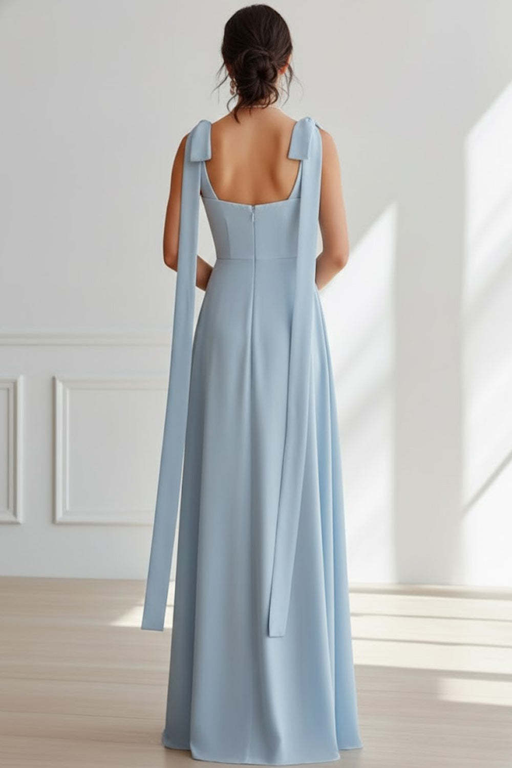 Light Blue Chiffon V-Neck Ruched Long Bridesmaid Dress with Bows