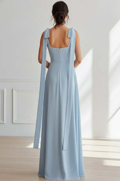 Light Blue Chiffon V-Neck Ruched Long Bridesmaid Dress with Bows