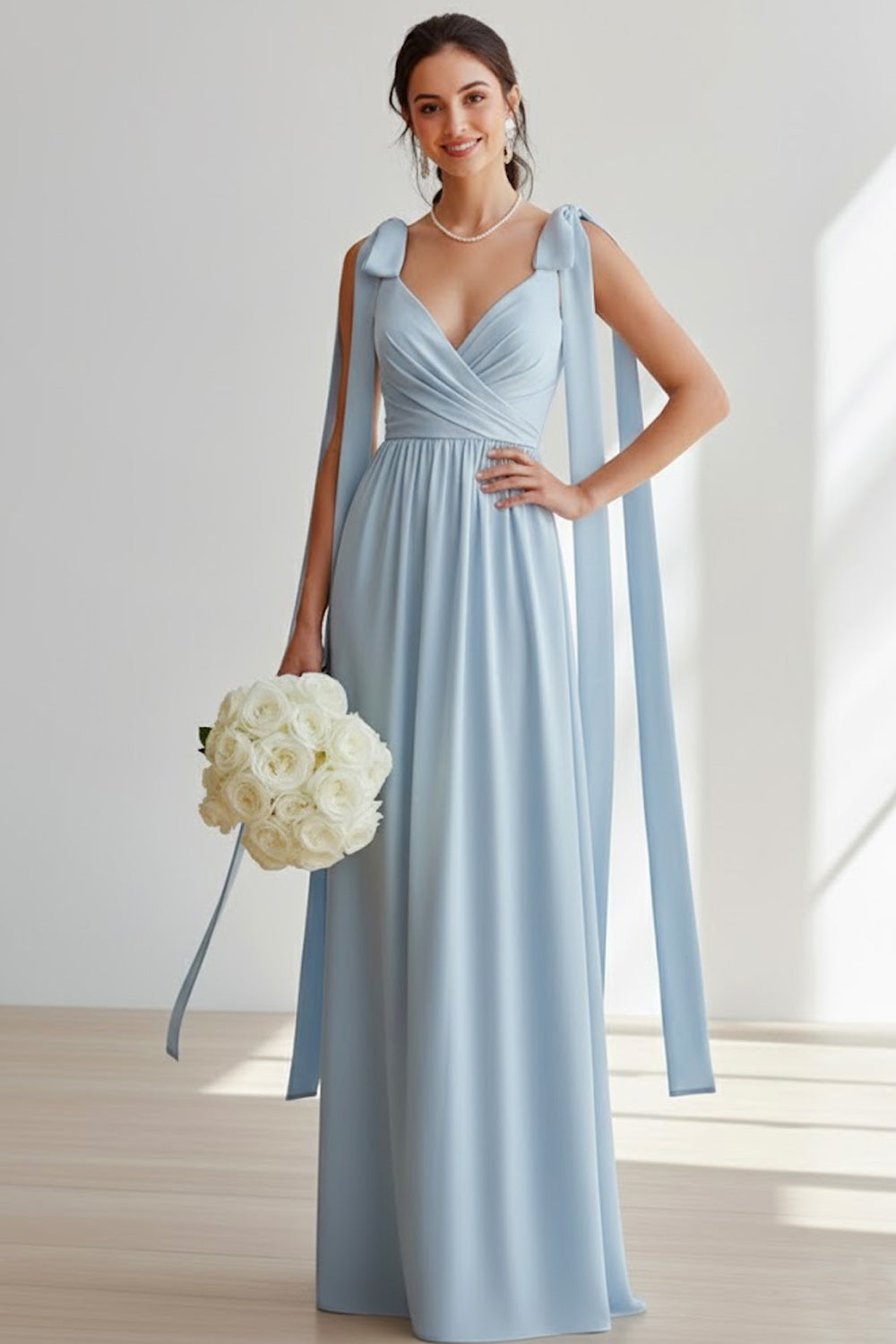 Light Blue Chiffon V-Neck Ruched Long Bridesmaid Dress with Bows
