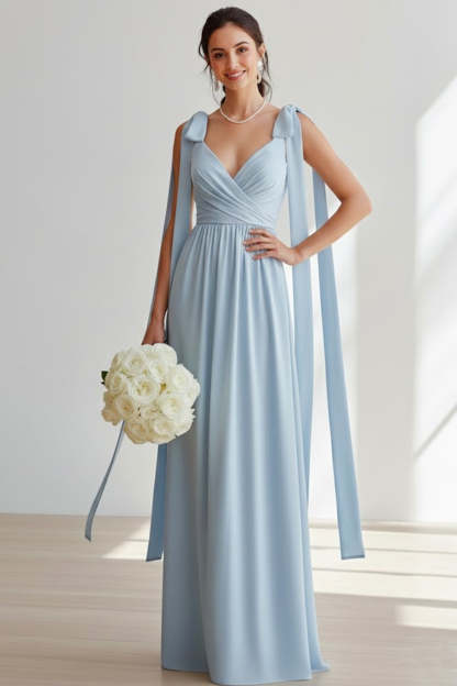 Light Blue Chiffon V-Neck Ruched Long Bridesmaid Dress with Bows