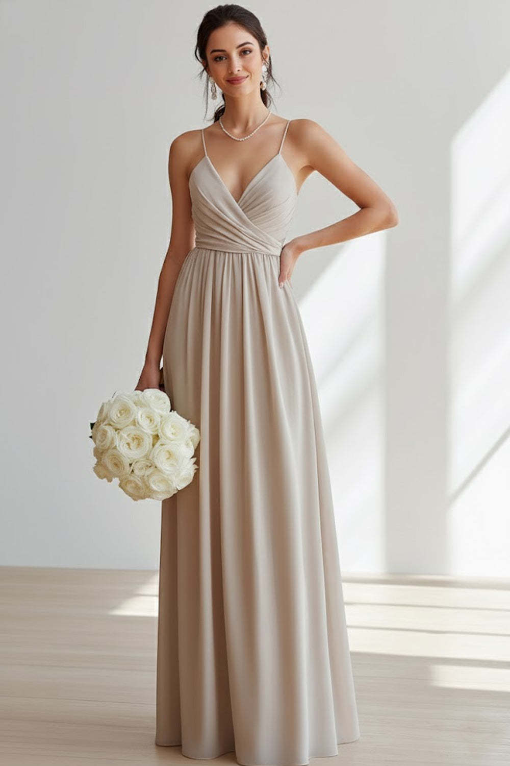 Khaki Chiffon Spaghetti Straps Ruched Long Bridesmaid Dress