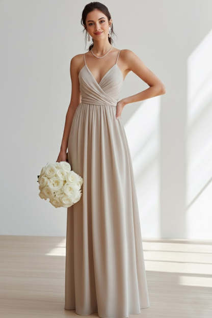 Khaki Chiffon Spaghetti Straps Ruched Long Bridesmaid Dress
