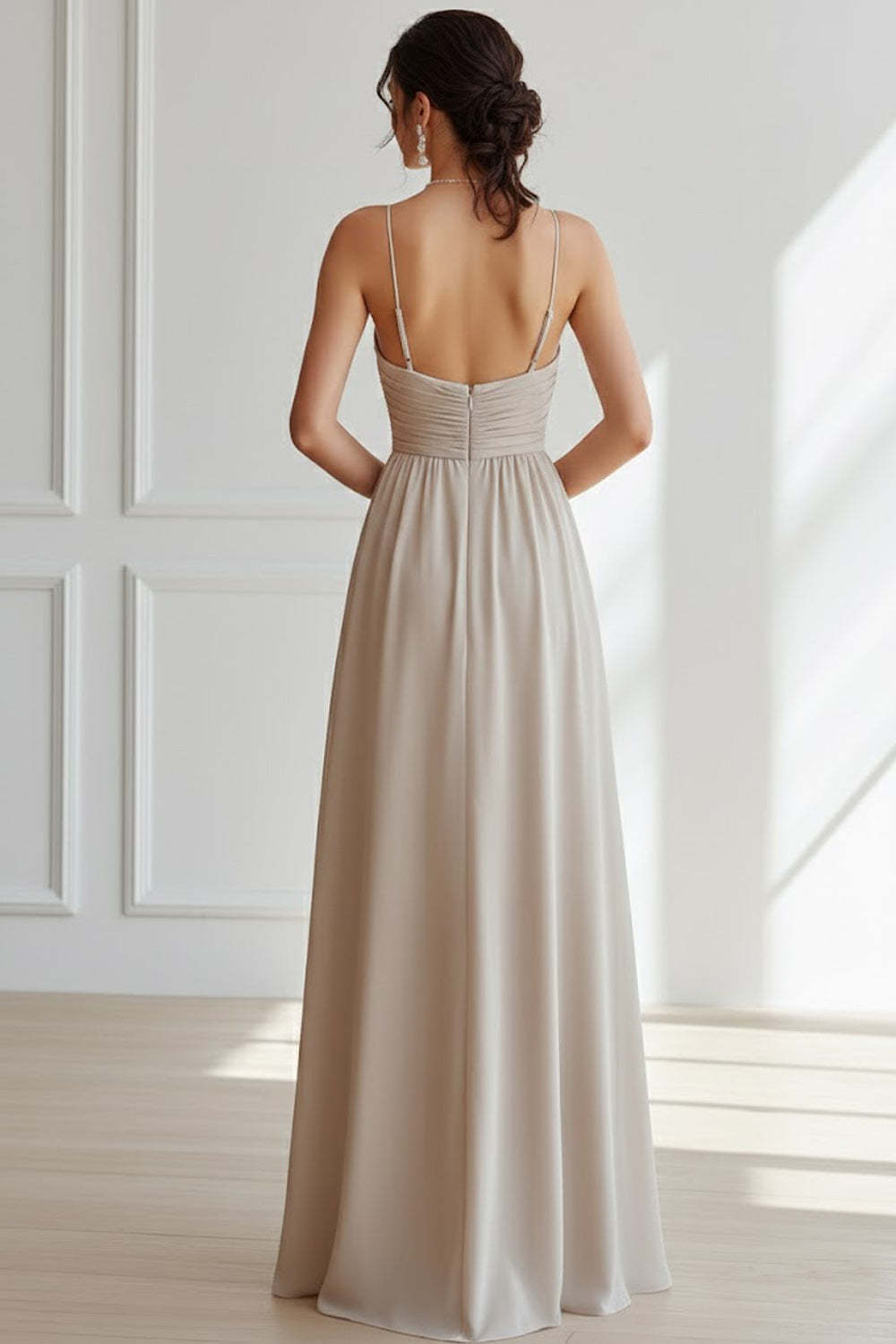 Khaki Chiffon Spaghetti Straps Ruched Long Bridesmaid Dress