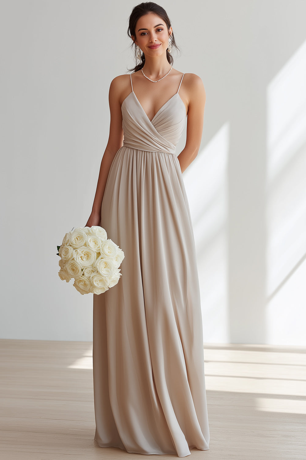 Khaki Chiffon Spaghetti Straps Ruched Long Bridesmaid Dress