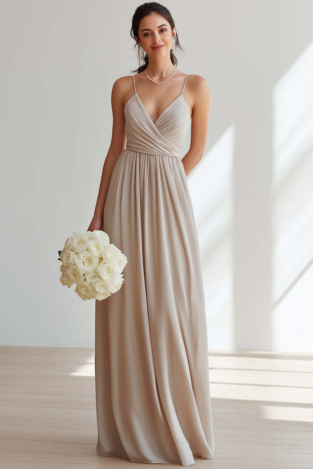 Khaki Chiffon Spaghetti Straps Ruched Long Bridesmaid Dress