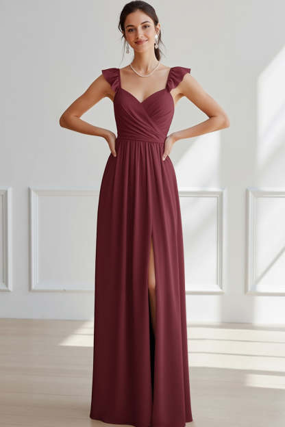 Burgundy Sheath Chiffon Ruched Ruffled Long Bridesmaid Dress with Slit
