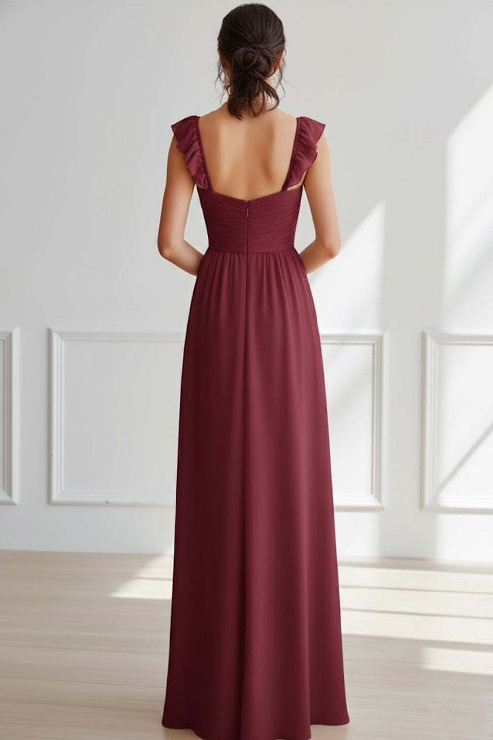 Burgundy Sheath Chiffon Ruched Ruffled Long Bridesmaid Dress with Slit