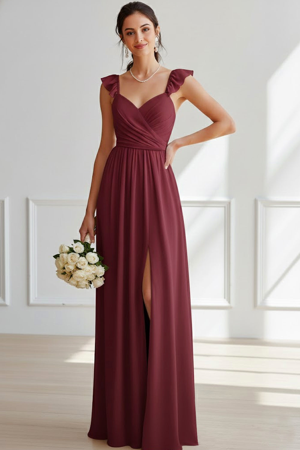Burgundy Sheath Chiffon Ruched Ruffled Long Bridesmaid Dress with Slit