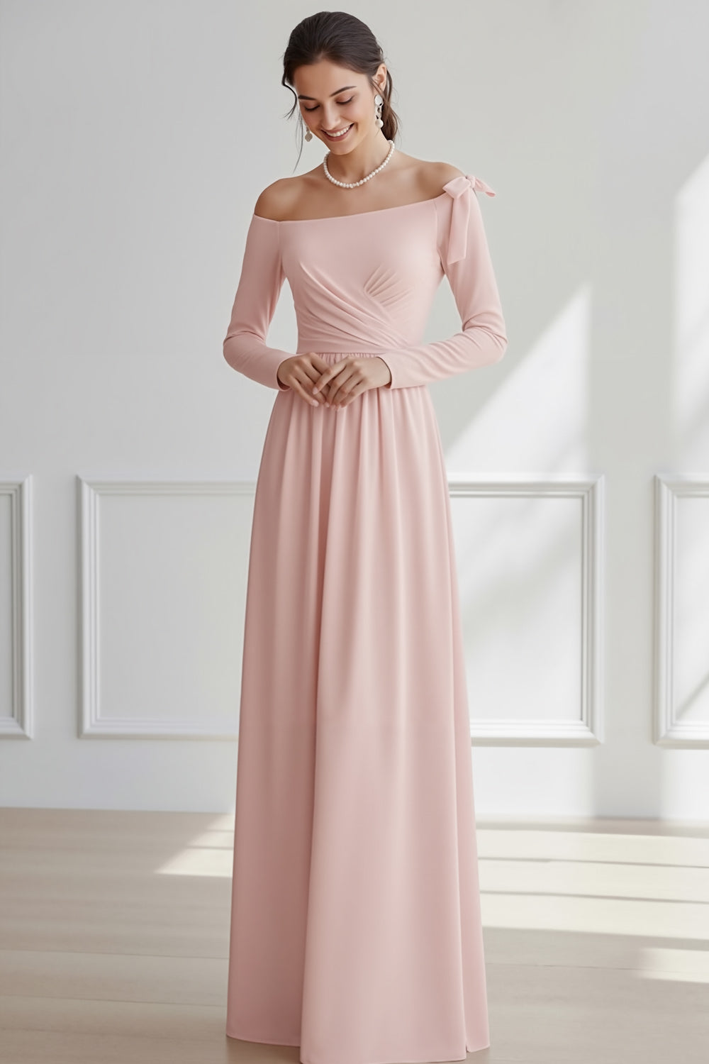 Leely Women Light Pink Chiffon Long Bridesmaid Dress with Bow Off the Shoulder Ruched Sheath Wedding Guest Dress with Sleeves