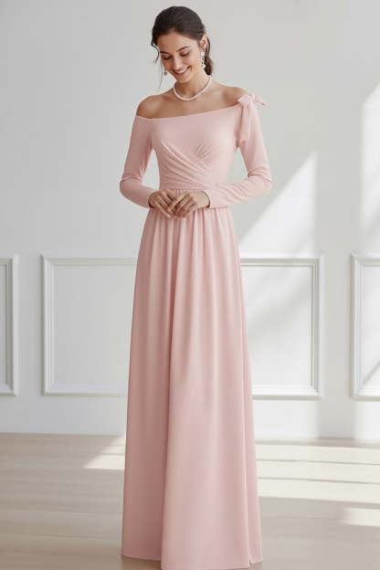 Leely Women Light Pink Chiffon Long Bridesmaid Dress with Bow Off the Shoulder Ruched Sheath Wedding Guest Dress with Sleeves