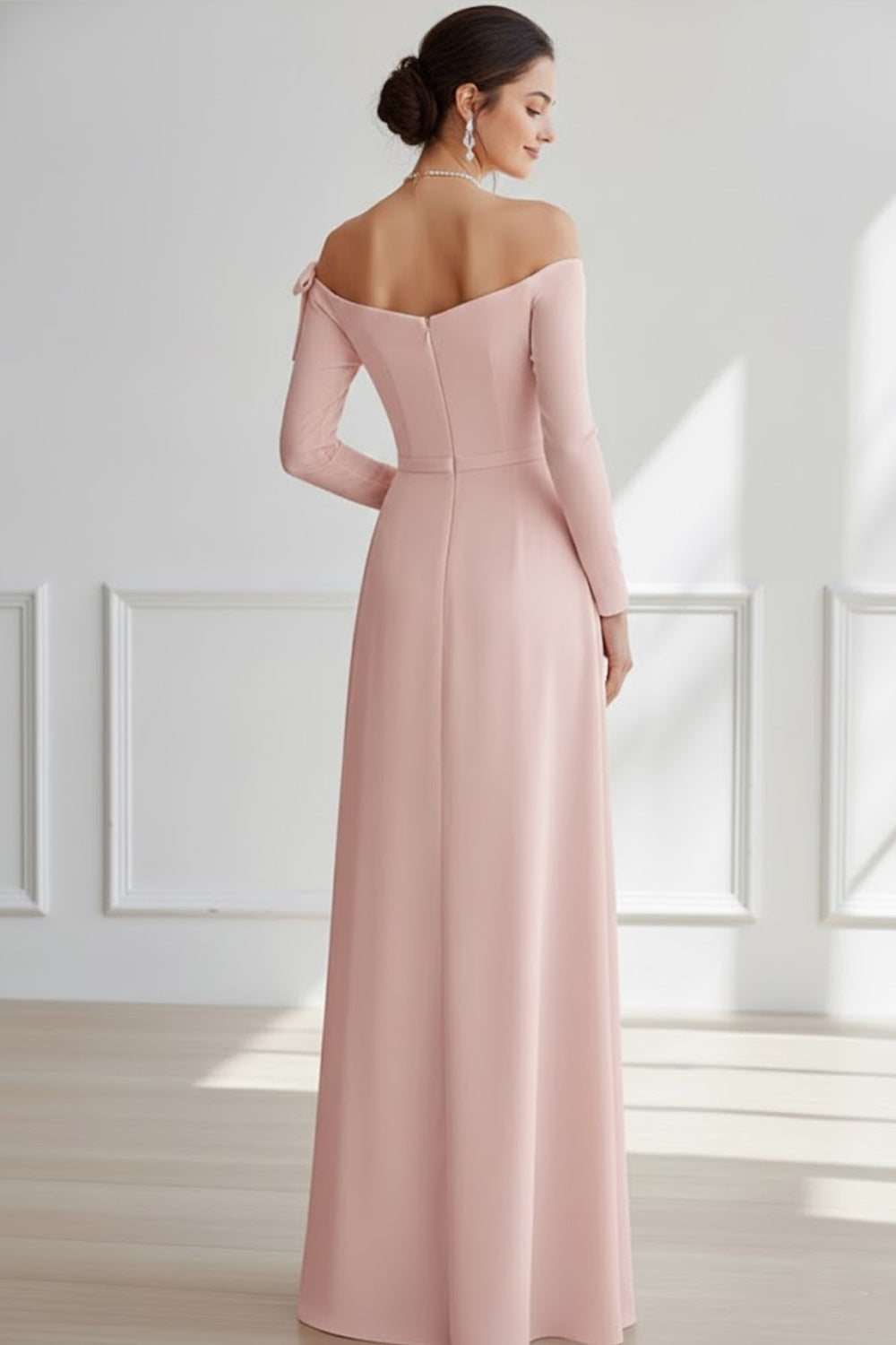 Light Pink Off the Shoulder Chiffon Ruched Long Bridesmaid Dress with Slit