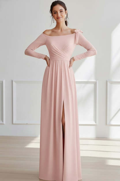 Light Pink Off the Shoulder Chiffon Ruched Long Bridesmaid Dress with Slit