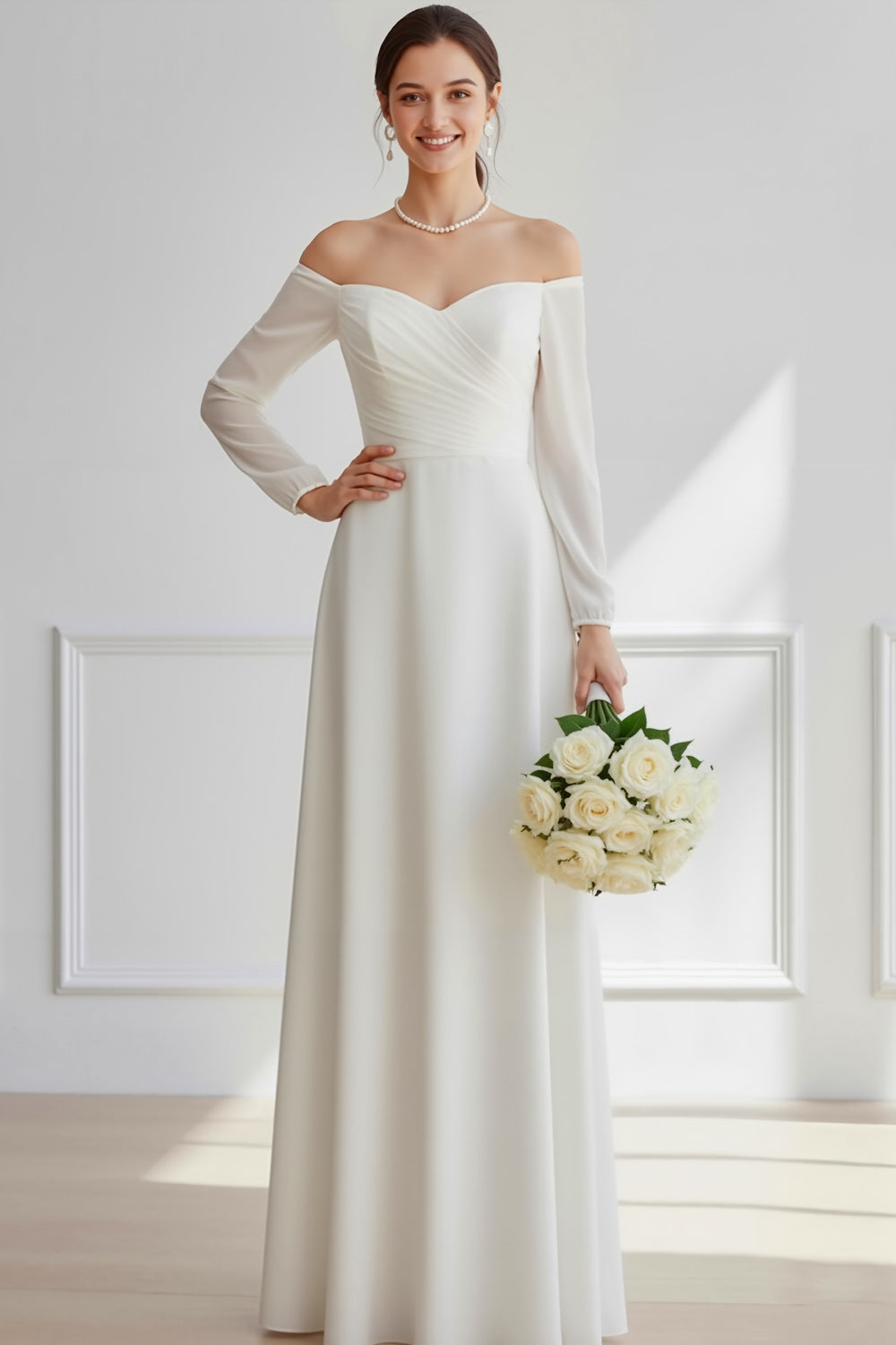 Leely Women White Off the Shoulder Chiffon Wedding Reception Dress Sheath Long Sleeves Bridal Dress