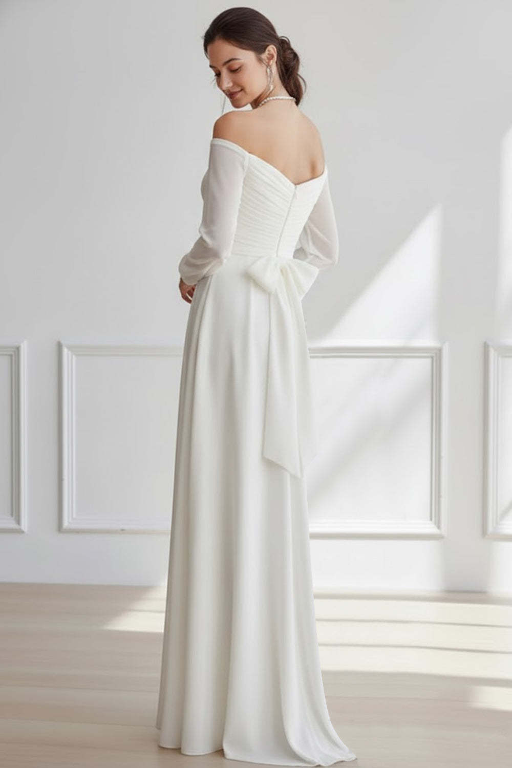White Off the Shoulder Chiffon Long Wedding Reception Dress