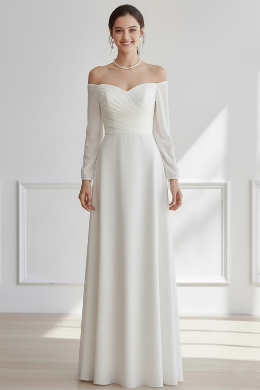 White Off the Shoulder Chiffon Long Wedding Reception Dress
