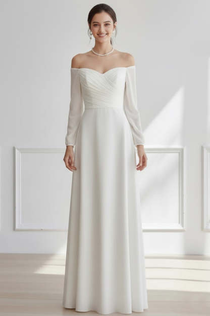 White Off the Shoulder Chiffon Long Wedding Reception Dress