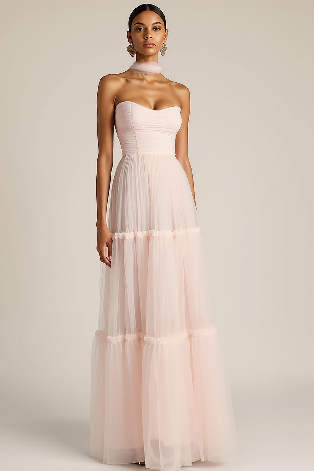 Light Pink Tulle Neck Scarf Sweetheart Long Bridesmaid Dress
