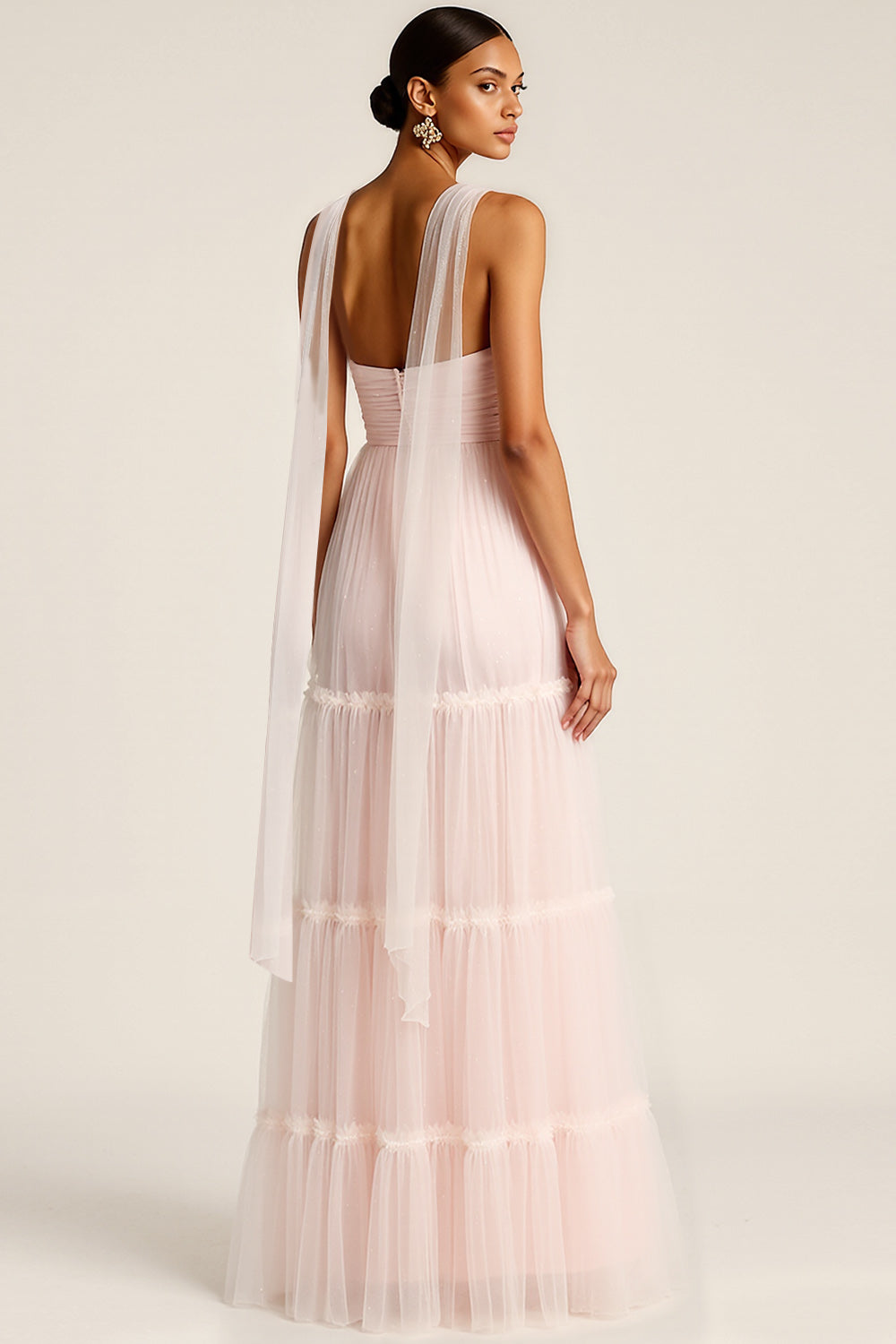Light Pink Tulle Neck Scarf Sweetheart Long Bridesmaid Dress